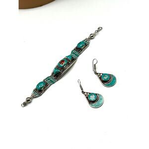 Turquoise & Coral Tibetan Silver Bracelet and Turquoise Earrings Set